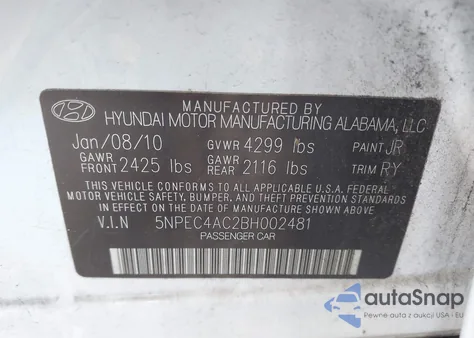 2011 Hyundai Sonata Se z USA, uszkodzony, nr VIN 5NPEC4AC2BH002481
